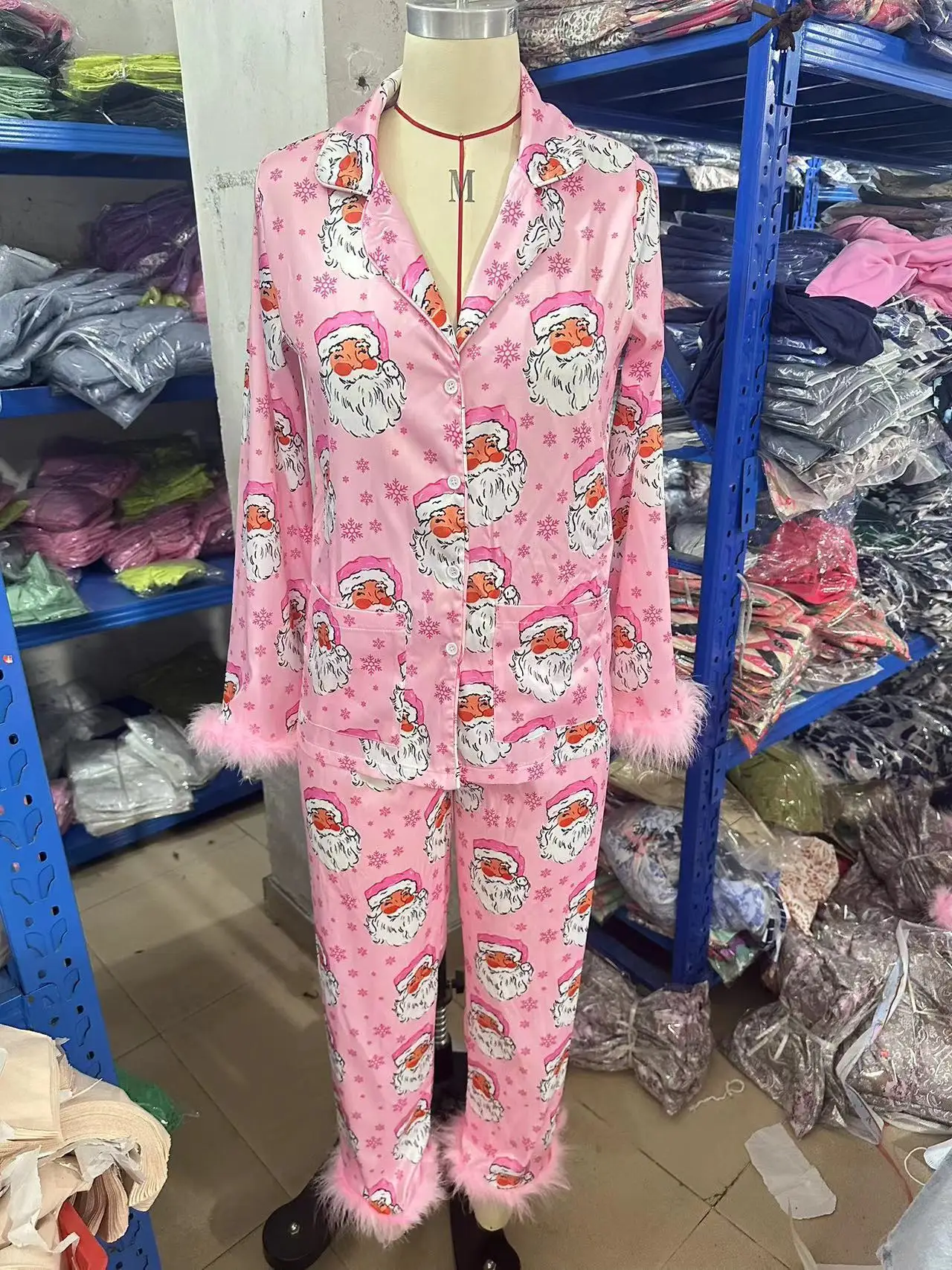 Pink Christmas Suit Slumber Party Costume Xmas Cosplay Pajamas Set Two Piece Santa Claus Pattern Dress Up Adult Clothing