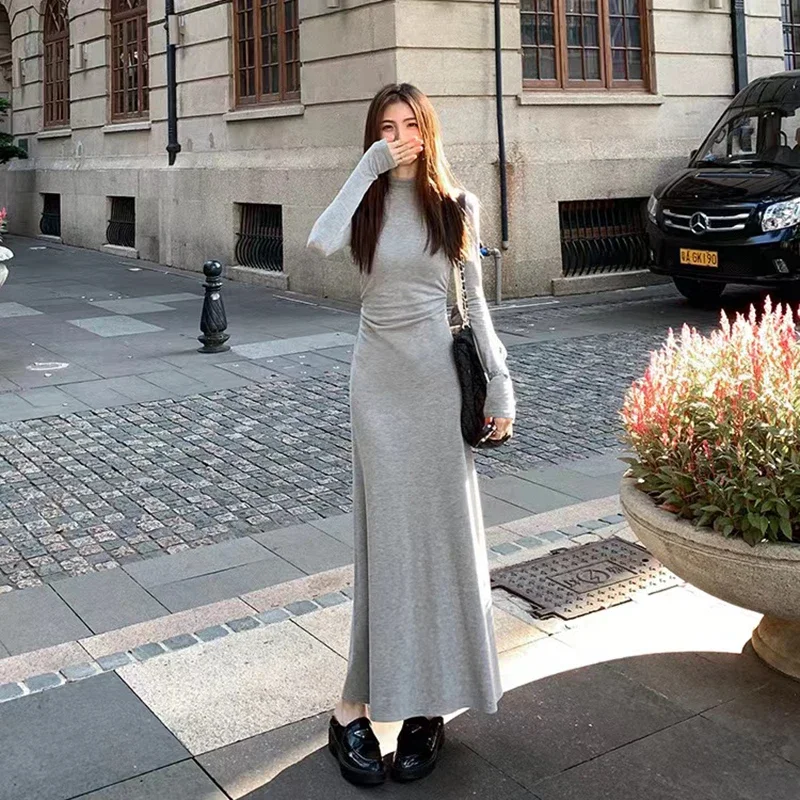 

Half Turtleneck Dress Women Korean Elegant Black Hepburn Style Midi Dress High Waist Long Sleeve Warm A Line Vestidos XT1436