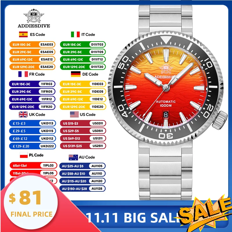 

ADDIESDIVE Explorer Burning Cloud Diving Watch 1000M Waterproof Automatic Mechanical Movement Stainless Steel Case Ceramic Bezel