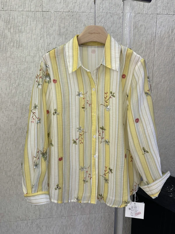 

Shiny Floral Embroidery Silk Shirt Women's Loose Fit Long Sleeve Collar Striped Pattern Spring Summer Style