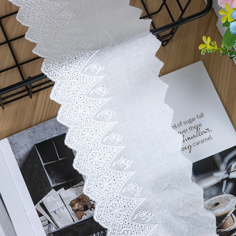 HOT Cotton Embroidered White Clothing Lace Fabric 9.5cm Wide Sewing DIY Trim Wedding Applique Ribbon Collar Cloth Guipure Decor