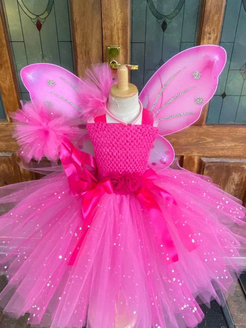 Girls Pink Glitter Tulle Dress Kids Butterfly Fairy Tutu Dresses with Wing and Stick Hairbow Children Halloween Cosplay Costume