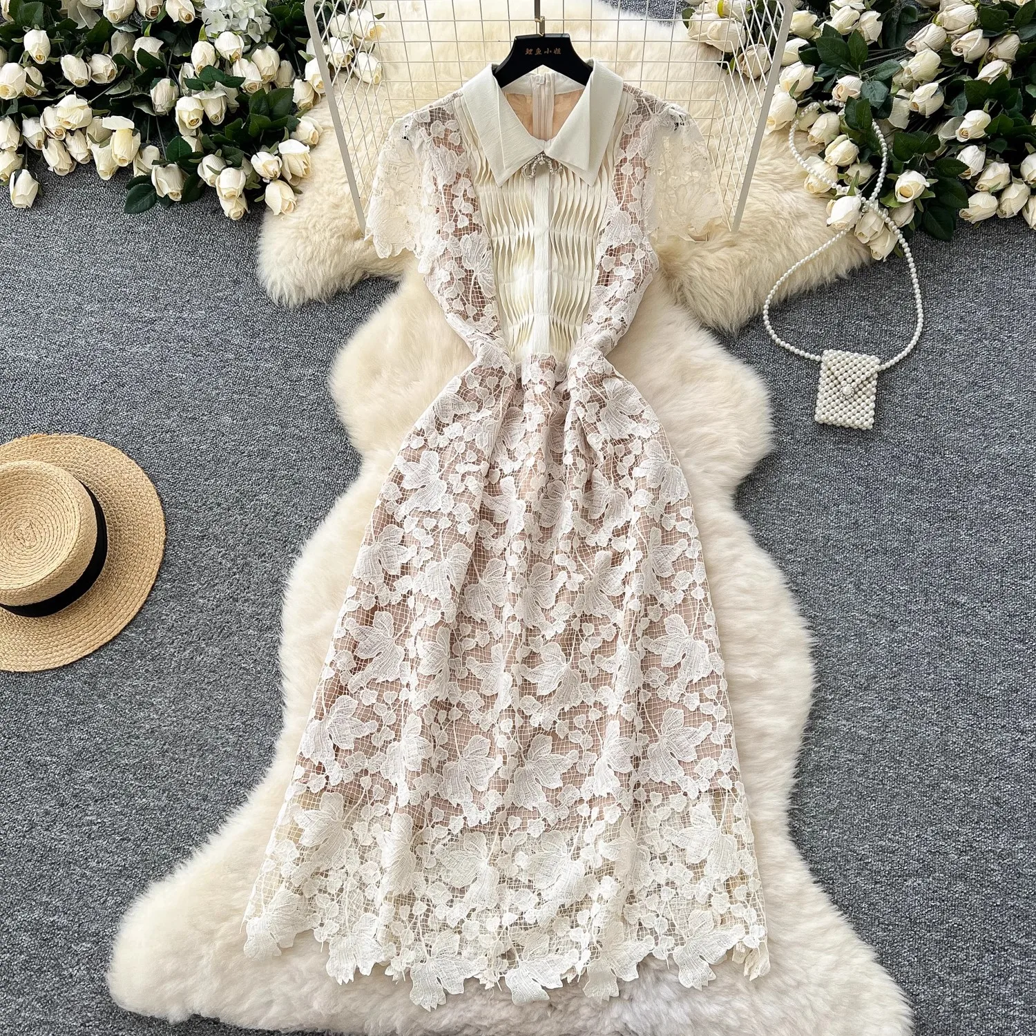 Elegant Designer Holiday Lace Prom Dress Women Short Sleeve Beaded Bow Embroidery Hollow Out Bodycon Evening Party Vestidos