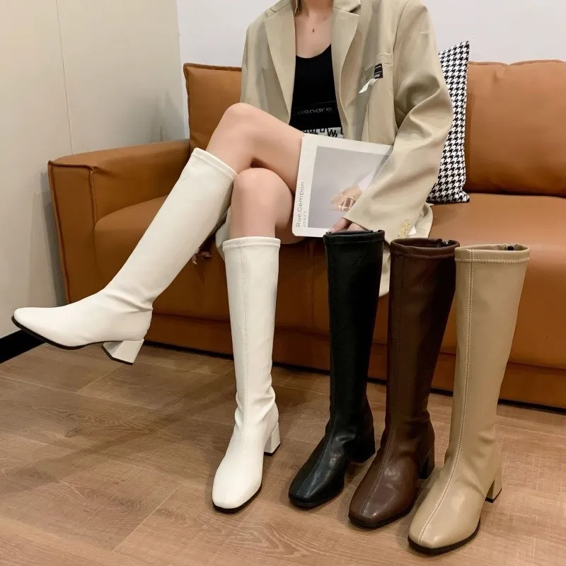 

Women's Faion Knee High Winter Boots Waterproof Platform mid Heel arp Pointed Toe Leather Upaded All Season Boots