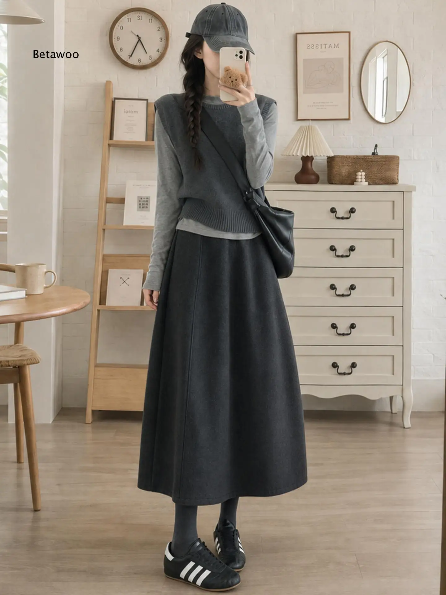 Wool Blend Pumpkin Skirt For Women High Waist Bud Style A Line Midi Flared Half Skirt Garment For Autumn And Winter Daily Match