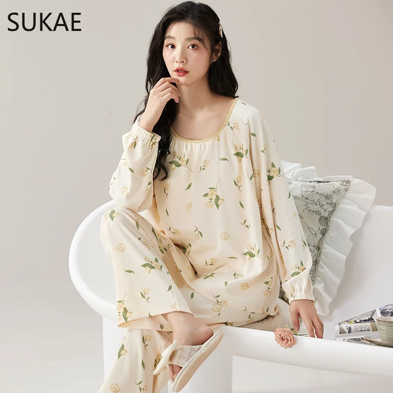 Sukae-女性のための素敵なナイトウェアパジャマセット,フェイクコットンのナイトウェア,女性のためのレジャーパジャマ,長袖,シックなホームウェア,秋冬,新しい