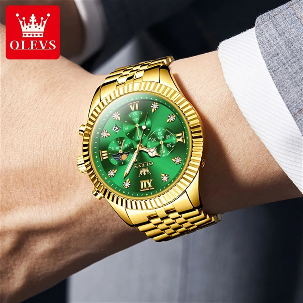 OLEVS 2932 New Original Quartz Men\'s Watch Luxury Brand Gold Stainless Steel Waterproof Lunar Phase Timing Code Watch Men Watch