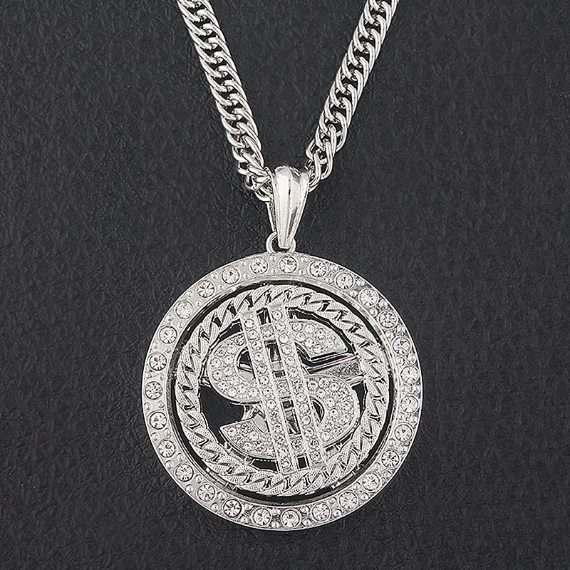 Rotatable US Dollar Money Sign Pendant Necklace Men Rapper Hip Hop Punk Long Chain Necklace Women Statement Necklace Gift