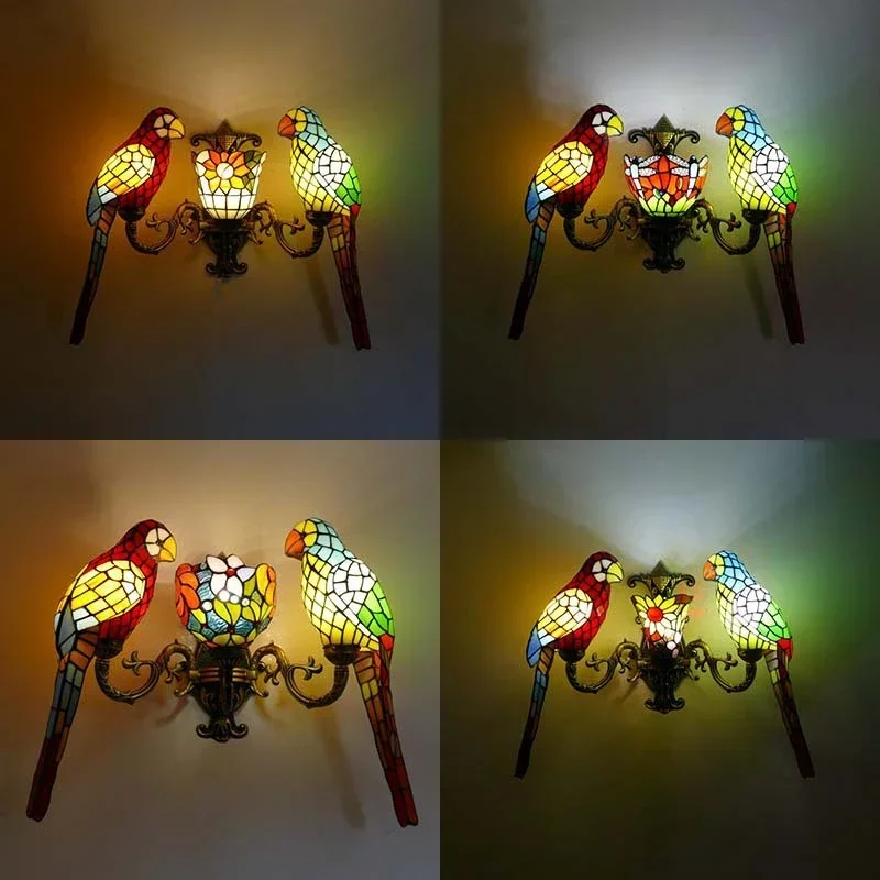 ABEL Tiffany parrot Wall Lamps American countryside Children's room Homestay Villa Hotel Stained Glass Animal Decoration Lamp