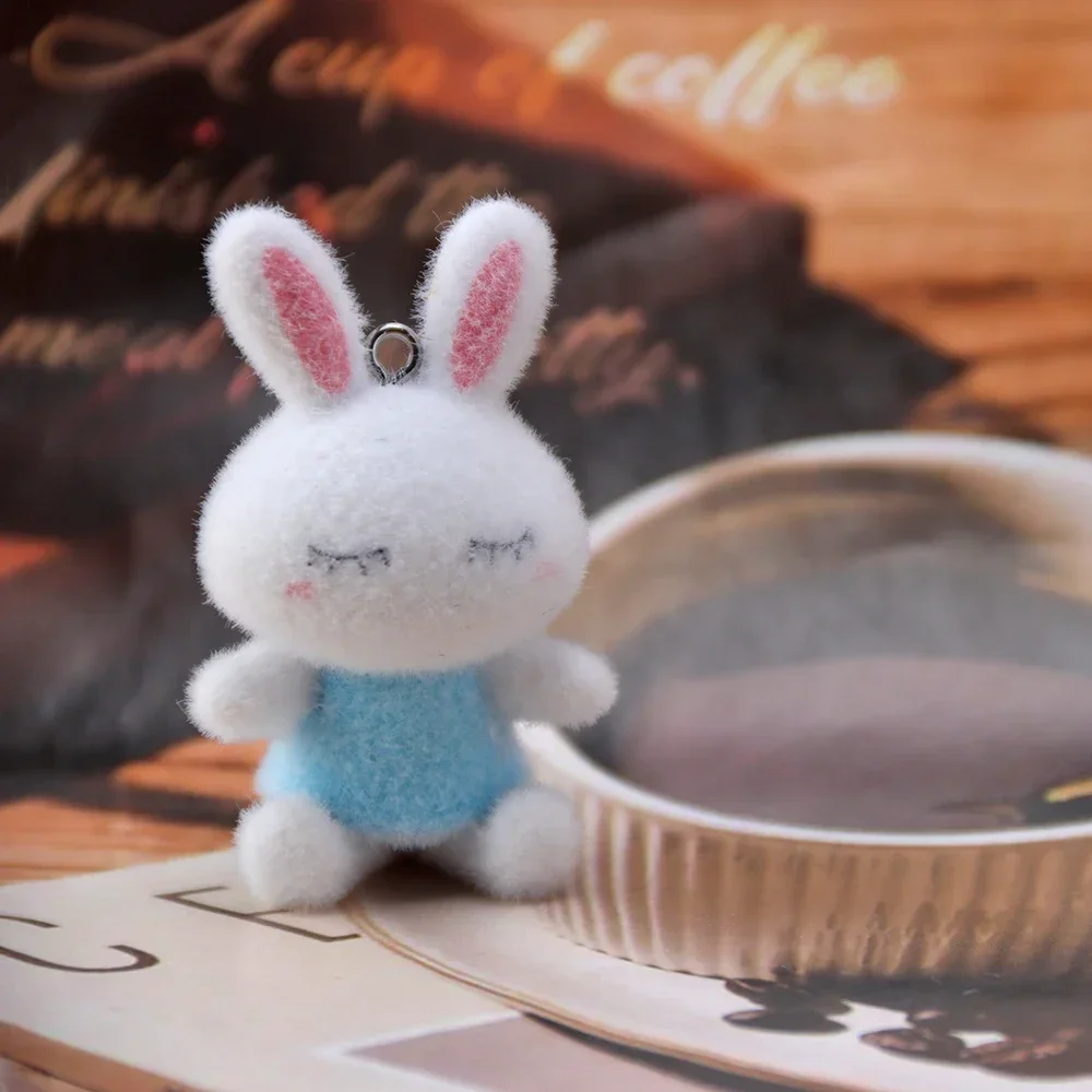 10Pcs 3D Cartoon Flocking Resin Rabbit Charms Plush Animal Pendant For Phone Bag Keychain Earring DIY Crafts Jewelry Make