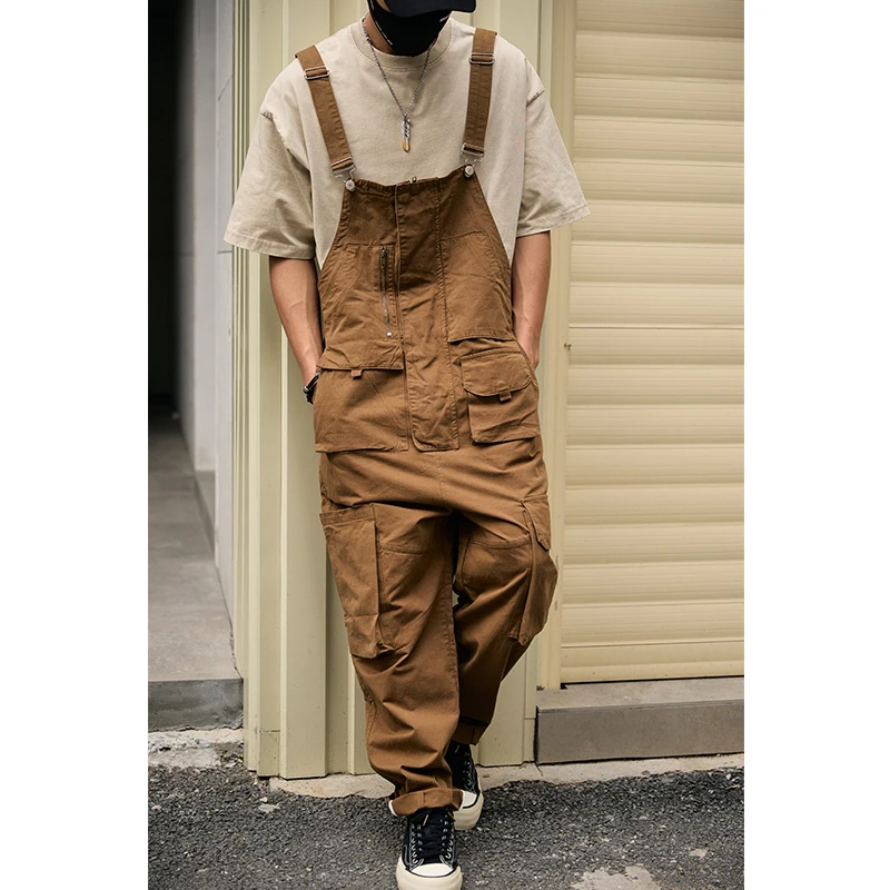 

Retro Loose Fit Workwear Overalls Men's Hip Hop Street Dance Candy Color Susps Pants Long Trousers with Big kets