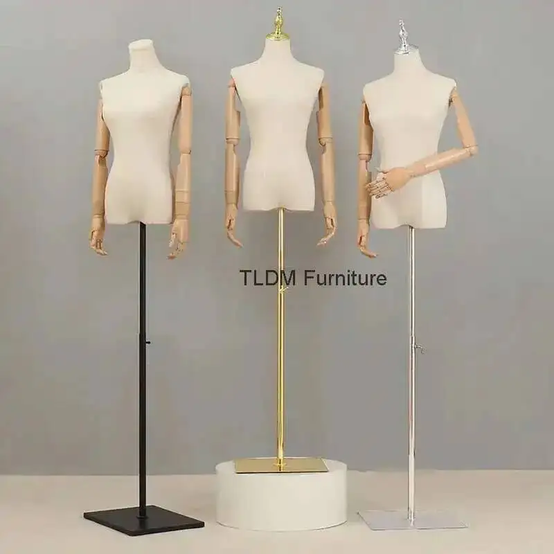 

Wooden Head Half Arm Cover Female Cloth Mannequins Metal Base Wedding Clothing Display Stand Adjustable Clothing Store Mannequin