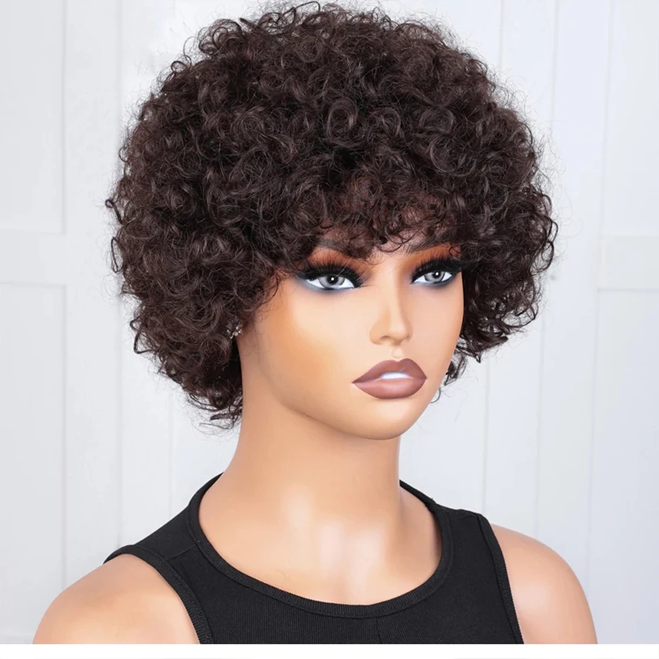 Short Pixie Afro Kinky Curly Wig Glueless Natural Brown Bob Wig with Bangs Brazilian Remy Human Hair Wigs Jerry Curly For Women