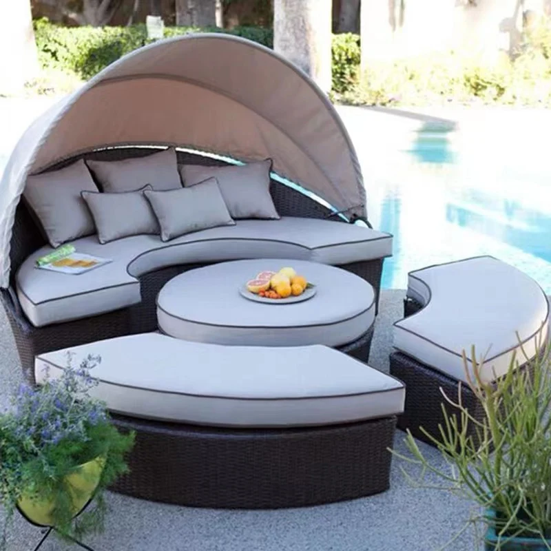 

Outdoor lounging bed, rattan bed, large round bed, garden courtyard pool, outdoor covered beach bed