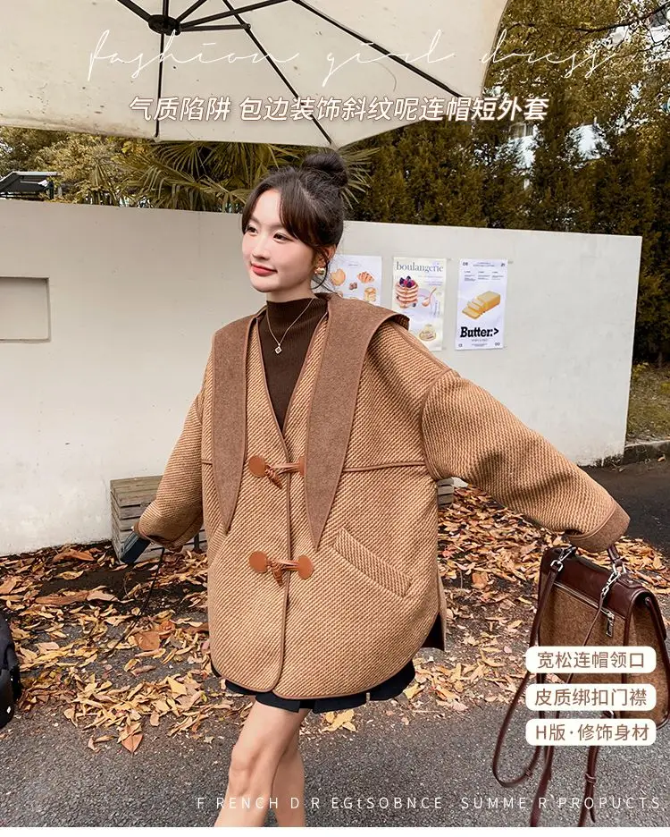 

Korea Minority Woolen Loose Winter Jackets Women Hooded Patchwork Design Single Breasted Coat Fashion Winter New Clothing