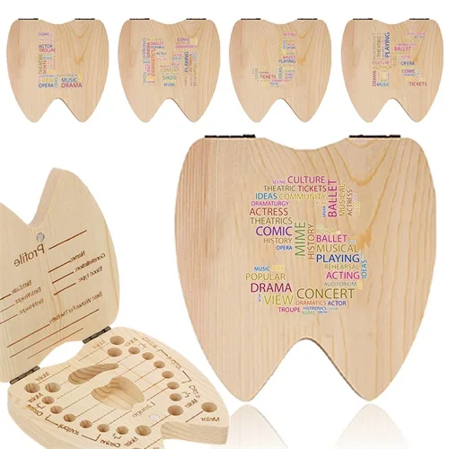 

Children Lost Teeth Saver Box Creative Keepsake Wooden Kid Tooth Organizer Recording Teeth Information Text Letter Pattern