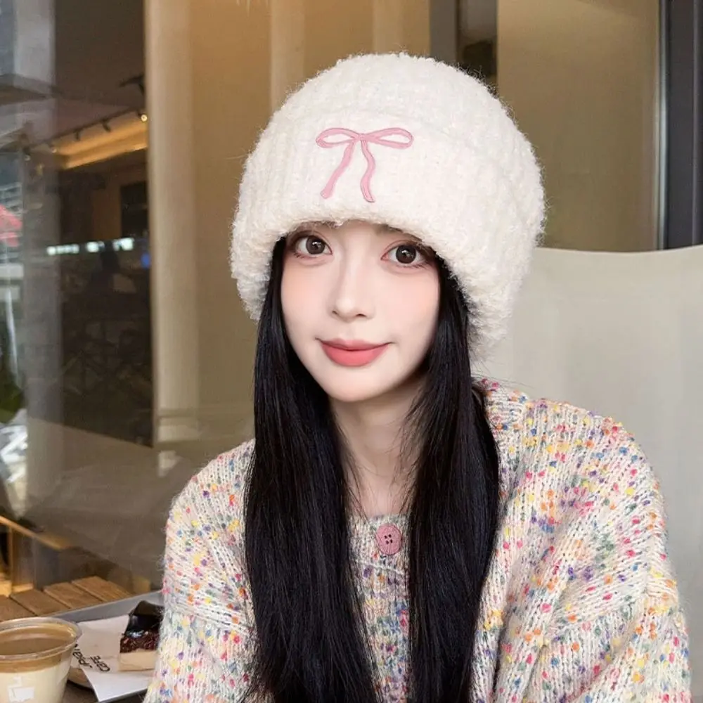 Sweet Solid Color Bow Knitted Hat Wool Hat Warm Cap Crochet Basin Cap Jennie Style Korean Knit Beanie Winter