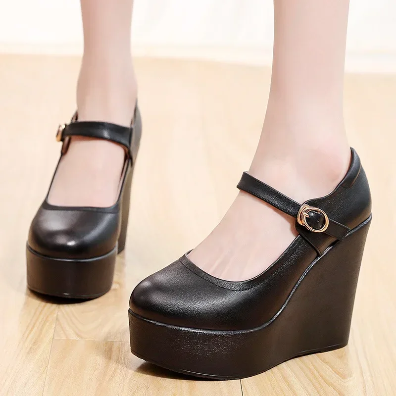 Small Plus Size 33-43 Genuine Leather Shoes Platform Wedges  Mary Janes Women Spring 2024 High Heels Pumps for Office Model