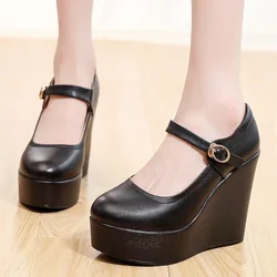 8cm 11.5cm Small Size 33-43 Thick Bottom Platform Wedges Shoes Heeled Pumps Spring 2026 High Heels Shoes Leather for Office Mom