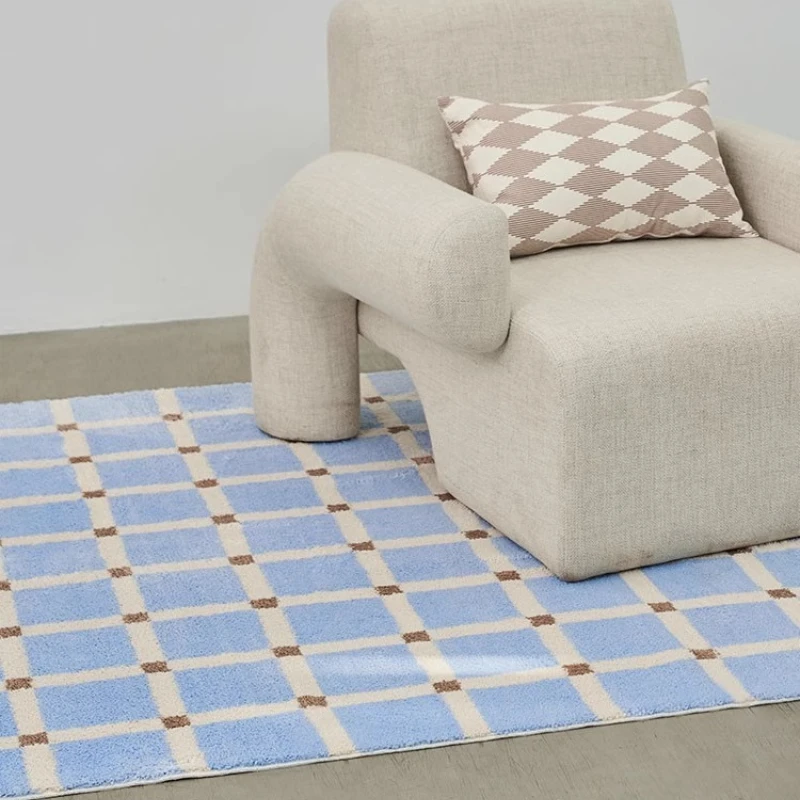 Living Room Floor Mat Plaid Soft Plush Carpet Non-slip Living Room Foot Mats Blue Cute Minimalist Home Decoration Balcony Rug