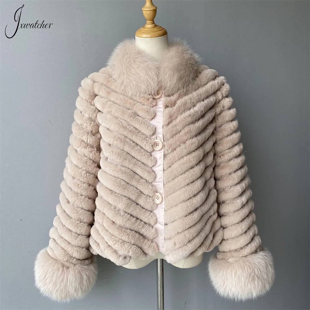 Jxwatcher Natural Rabbit Fur Coat For Women Winter Fashion Reversible Fur Jacket With Real Fox Fur Ladies Luxury Casaco Autumn