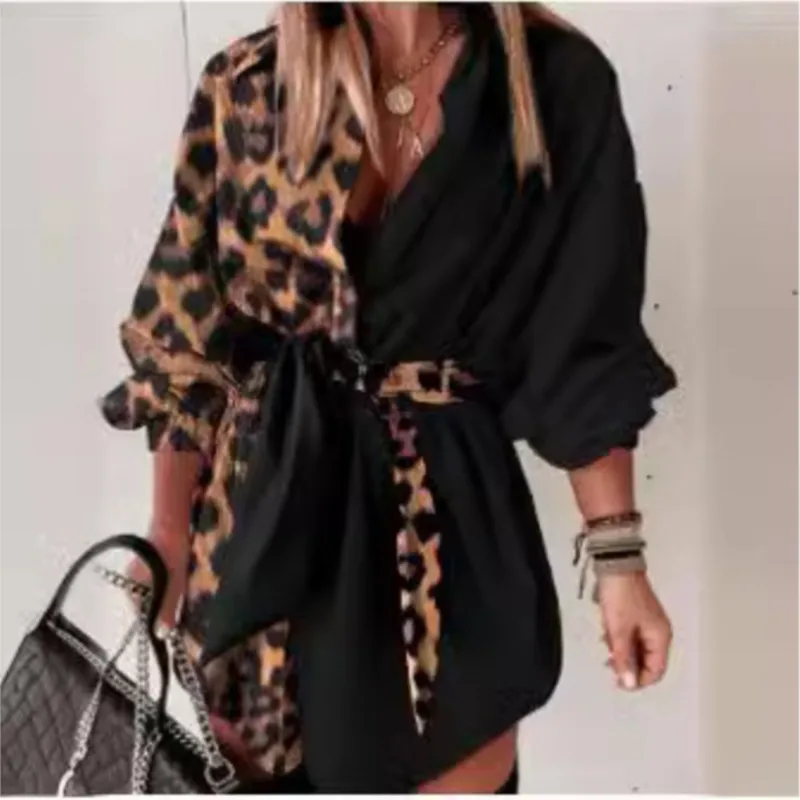 Abiti quotidiani da donna 2024 Primavera Stampa leopardata Manica a lanterna Colletto rovesciato Mini abito camicia a vita alta allentato con cintura