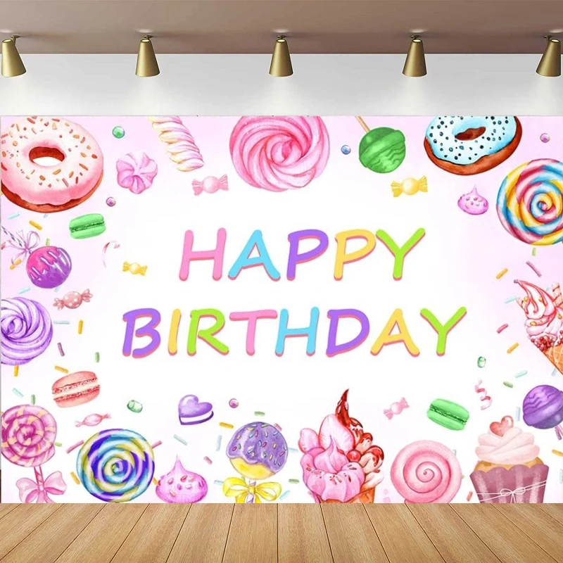 

Photography Backdrop Girl Donut Sweet Candy Lollipop Ice Cream Background Pink Sprinkles Donut Candy Happy Birthday Decoration