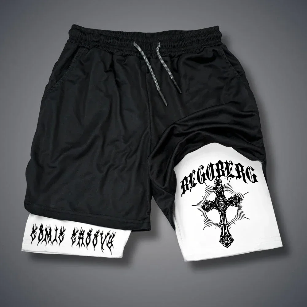 

Men's Cross Print Shorts Fashion Tight Double-deck Shorts Quick Drying Summer Male Beach Outdoor Gym Jogging Fitness Short Pants