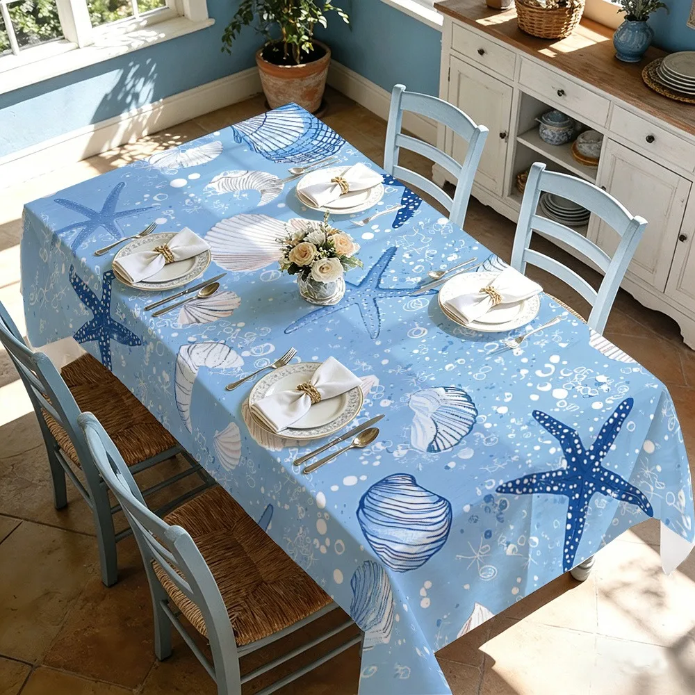 1pc Summer Nautical Style Starfish and Seashell Print Tablecloth, Fresh Summer Table Decoration, Square/Rectangular Tablecloth,
