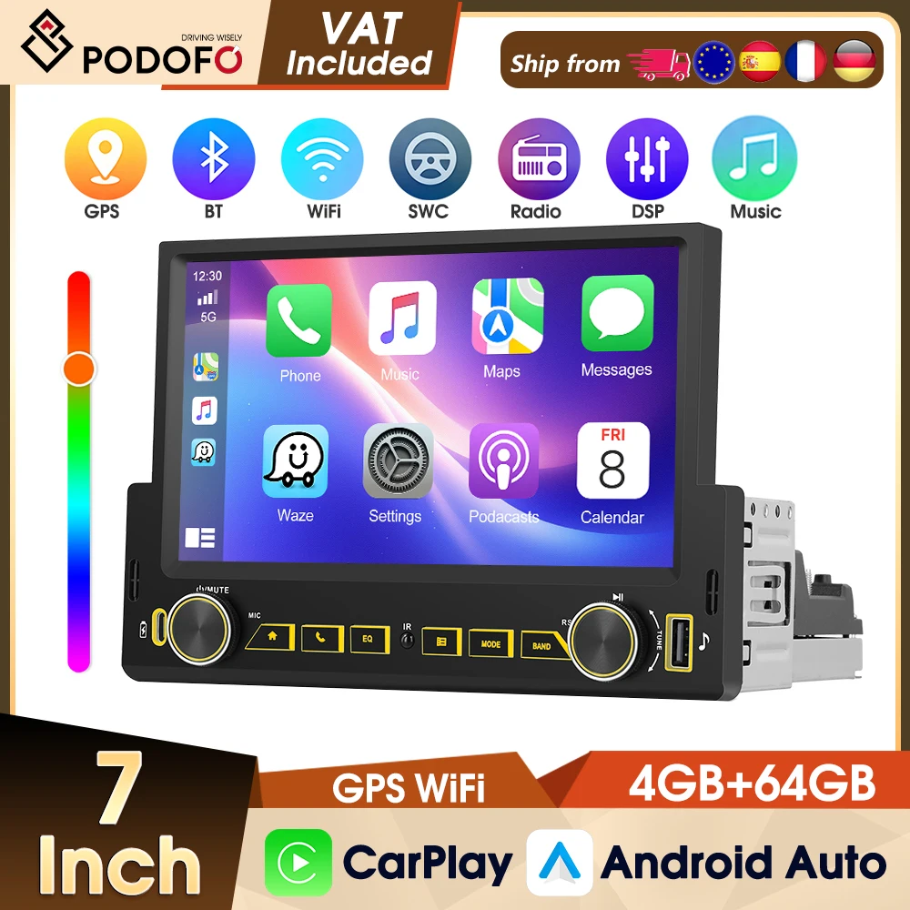 Podofo 1 Din Autoradio mit Incell-Bildschirm, Kabellosem Carplay, Android Auto, Mirror Link, WLAN, GPS, FM/RDS, EQ