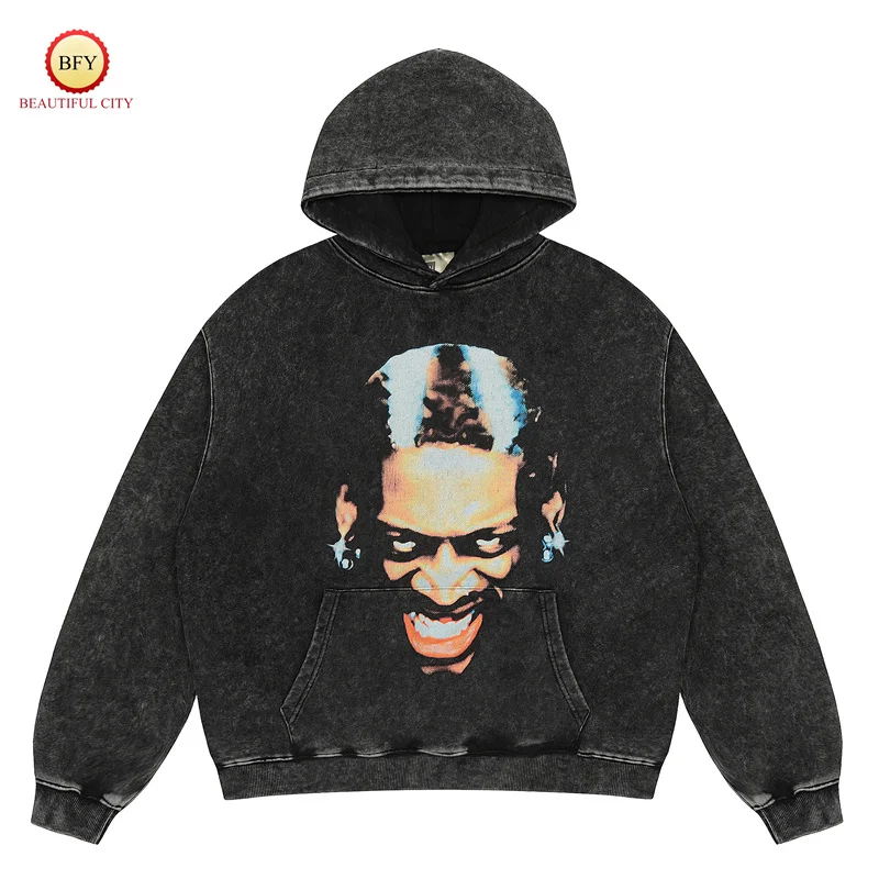 New Fall Winter High Quality RODMAN Vintage Hoodie Printed Avatar Washed Cotton Loose Hoodie