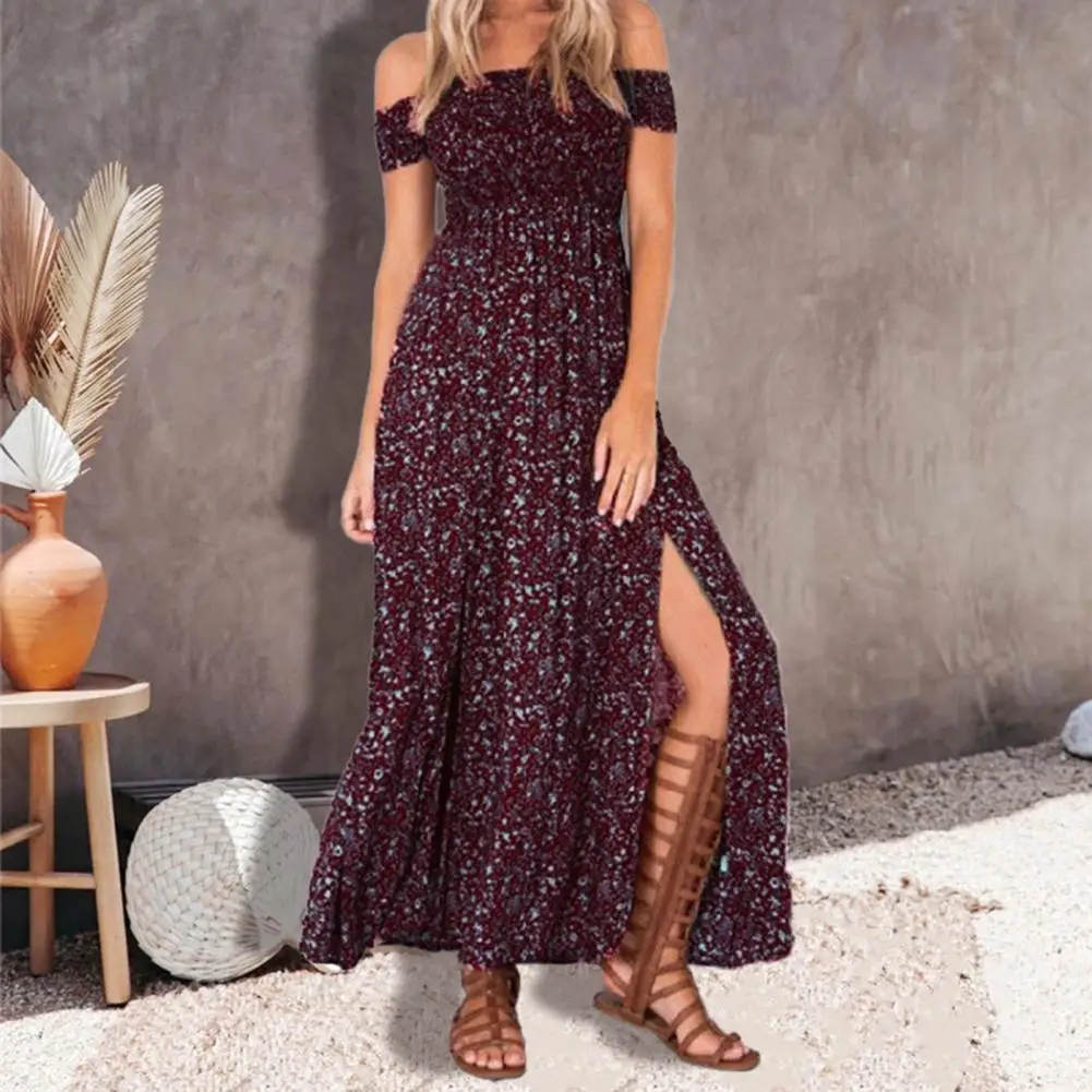 Women Dress Off Shoulder Waist Tight Double Split Hem Boho Dress Bohemian Floral Print Short Sleeve Long Dress Female Clothing