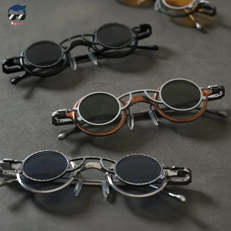 Avant-garde Small Round Frame Retro Brass Pure Titanium Sunglasses Fashion Futuristic Magnetic High-end Sun Glasses Men Women