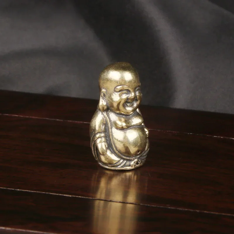 Vintage Brass Maitreya Buddha Desktop Ornament Pocket-Sized Handheld Buddha Craft Curio Copperware Home Decor Items