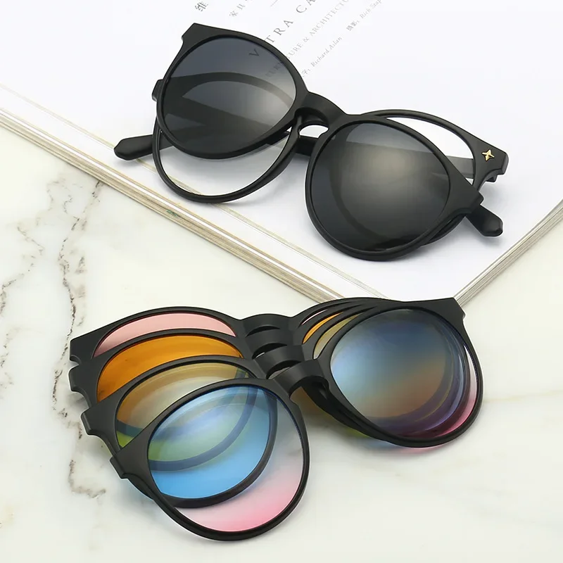 New 5+1 Suit Fashion Clip On Yellow Sunglasses Women Frames Magnetic Eyeglasses Men Glasses 6 In 1 Transparent Lens