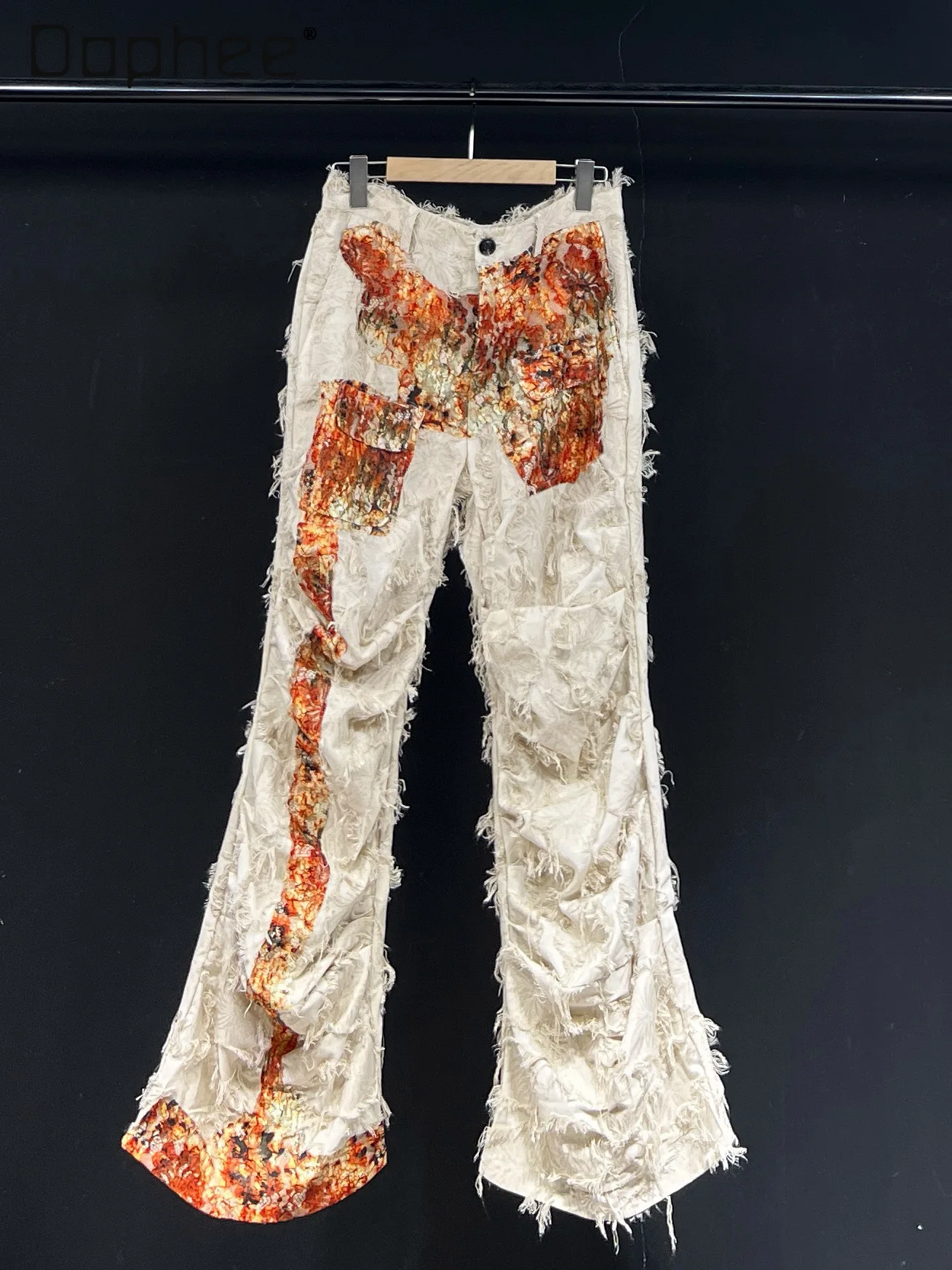 

Оригинальный дизайн, индивидуальные модные рваные бахрома в стиле пэчворк, прямые брюки с высокой талией, осенние мужские брюки, готические широкие брюки