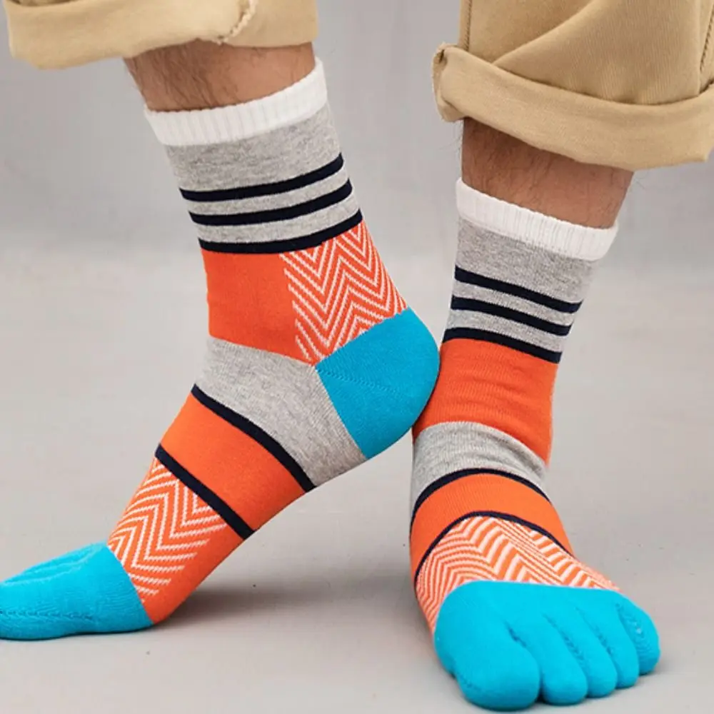 Spring Autumn Men Five Finger Socks Striped Bright Color Street Fashion Novelty Husbands Fathers Harajuku Happy Socks With Toes