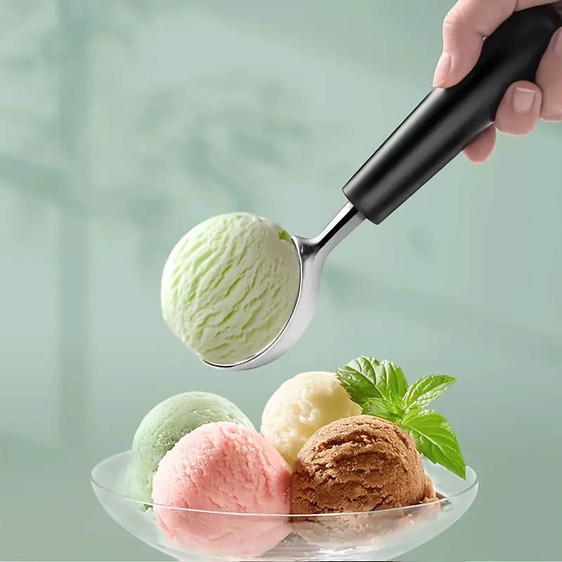 1Pc Stainless Steel Ice Cream Scoop With Black Handle - Perfect For Desserts, Fruit Balls & Melon - Ideal For Restaurants,  Part