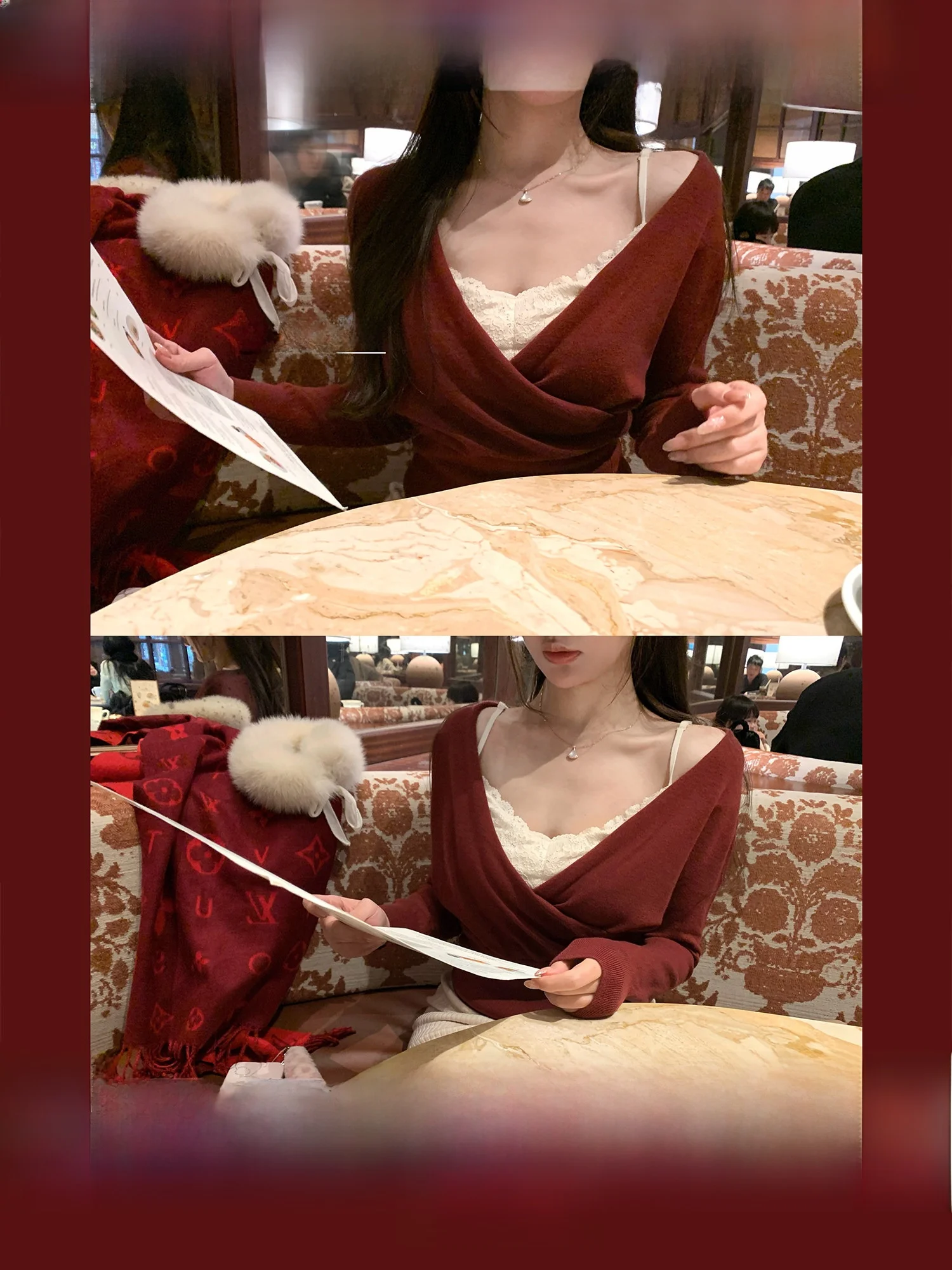 

Новогодний шерстяной вязаный топ с V-образным вырезом, кружевной внутренний слой, мягкий, стандартный крой, с длинными рукавами, женская модная повседневная одежда