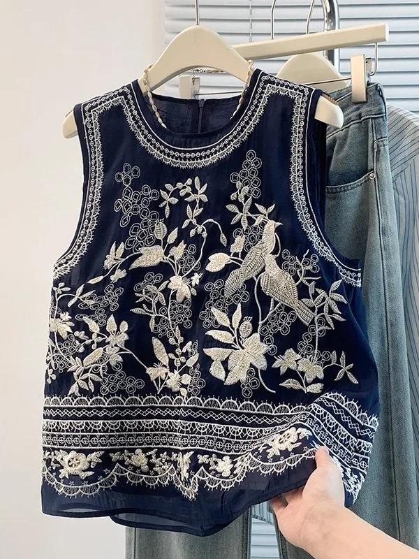 New Chinese Style Embroidered Organza Sleeveless Vest Women's Summer Loose Fit Top Vintage National Trend Fashion Sense