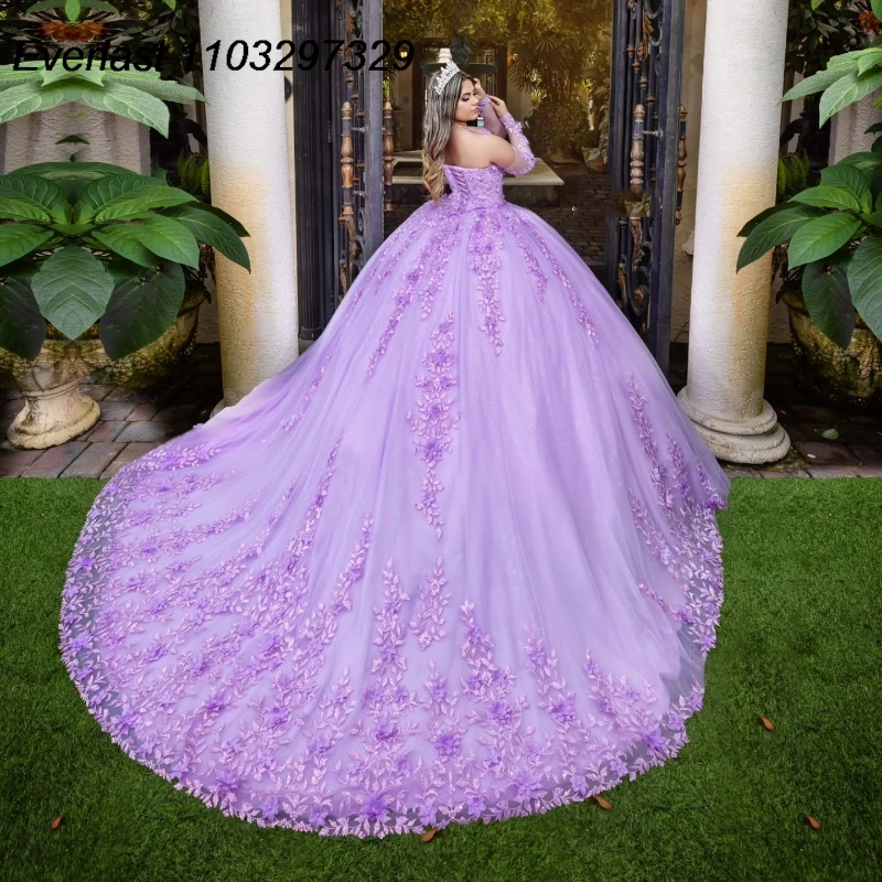 EVLAST Customized Lilac Quinceanera Dress Ball Gown Shiny Lace Applique Beaded Mexican Sweet 16 Vestidos De 15 Años TQD881