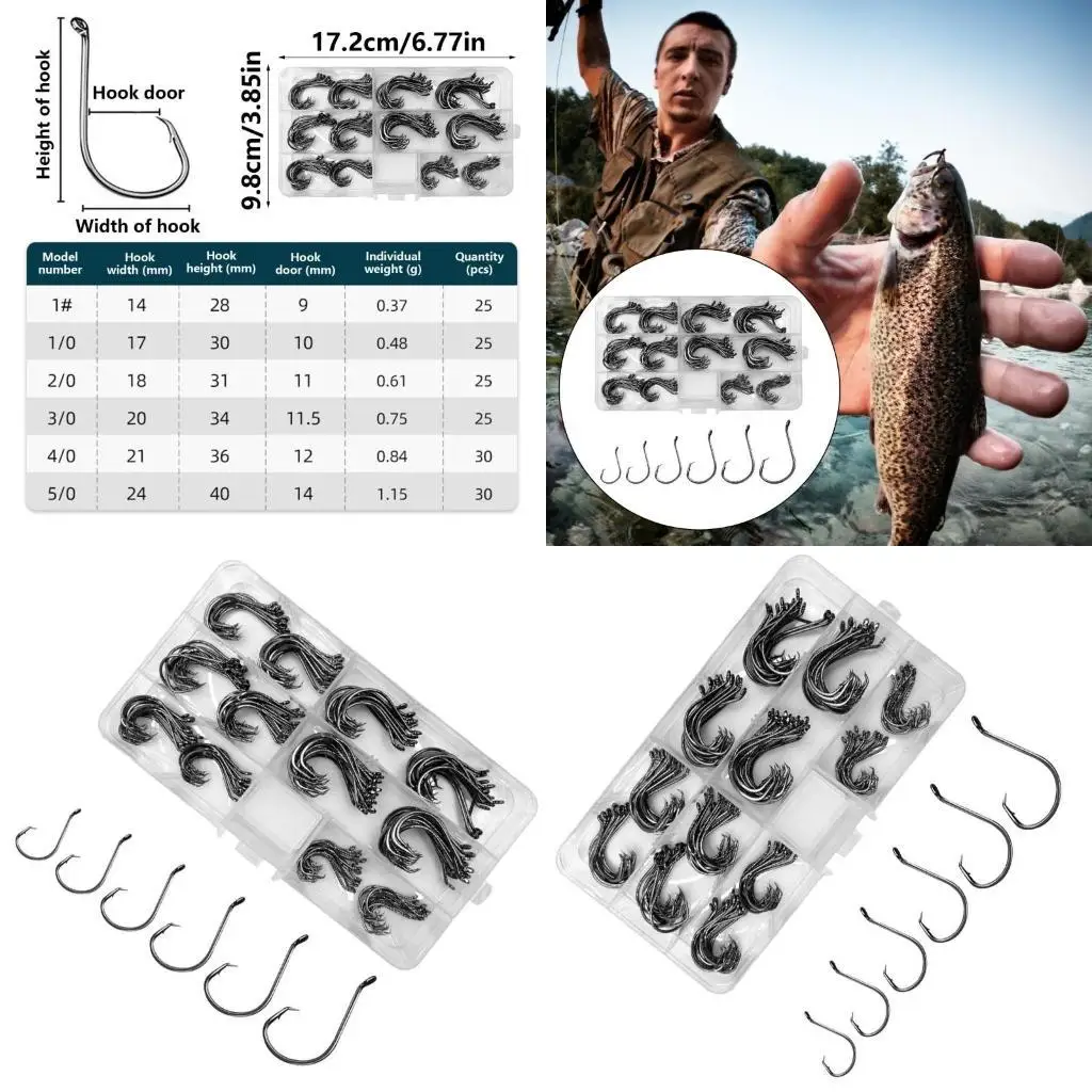 R6FE 160pcs خطاف صيد مستدير مع مجموعة مربع بلاستيكية ، فولاذ كربون عالي مع خطاف صيد البحر للملح/صيد المياه العذبة