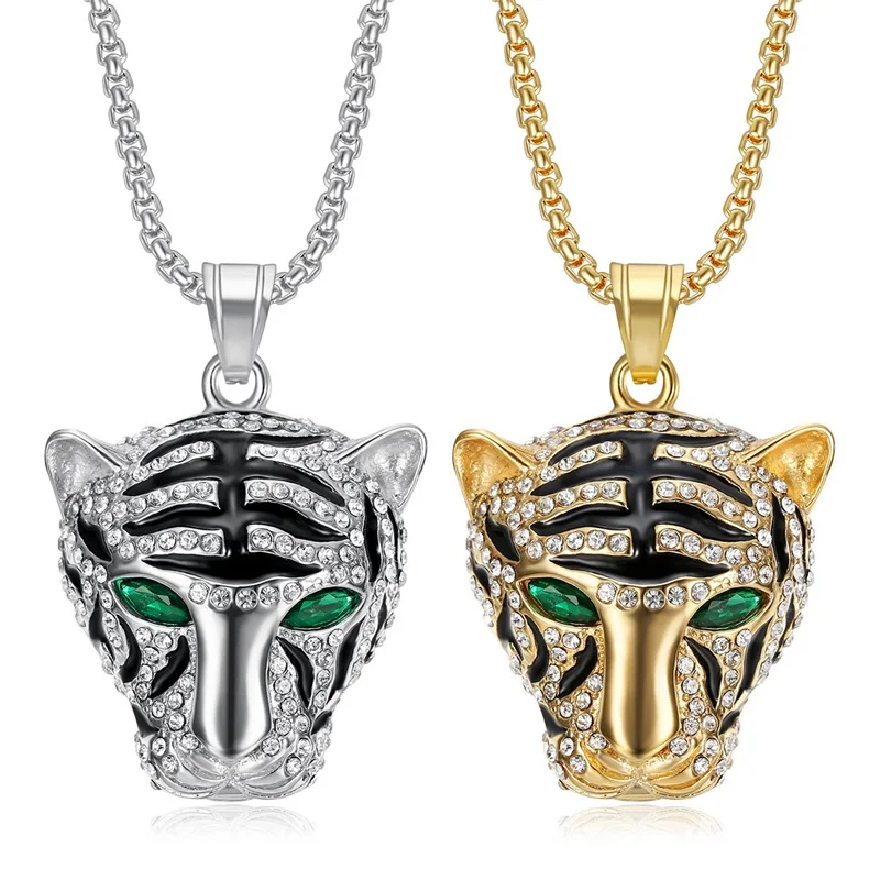 Exquisite Gold Plated Stainless Steel Tiger Head Pendant Necklace Full Zircon For Men Domineering Animal Jewelry Gift