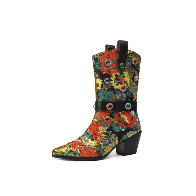 

Fashion Slope Chelsea Boots Traditional Embroidered Flower Calf Belly Boots 2024 Water Diamond Silk Ethnic Women's Shoes 33-43