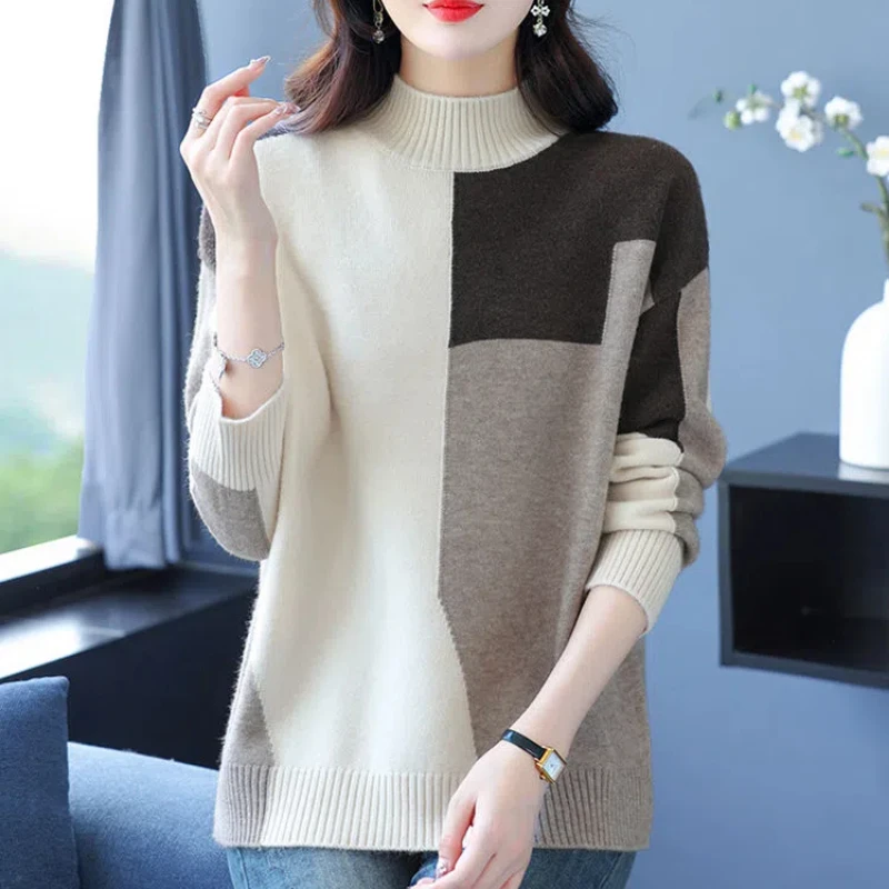 Autumn Winter New Fashion Half High Collar Long Sleeve Pullovers Women\'s Clothing Patchwork Color Blocking Trend Knitting Tops