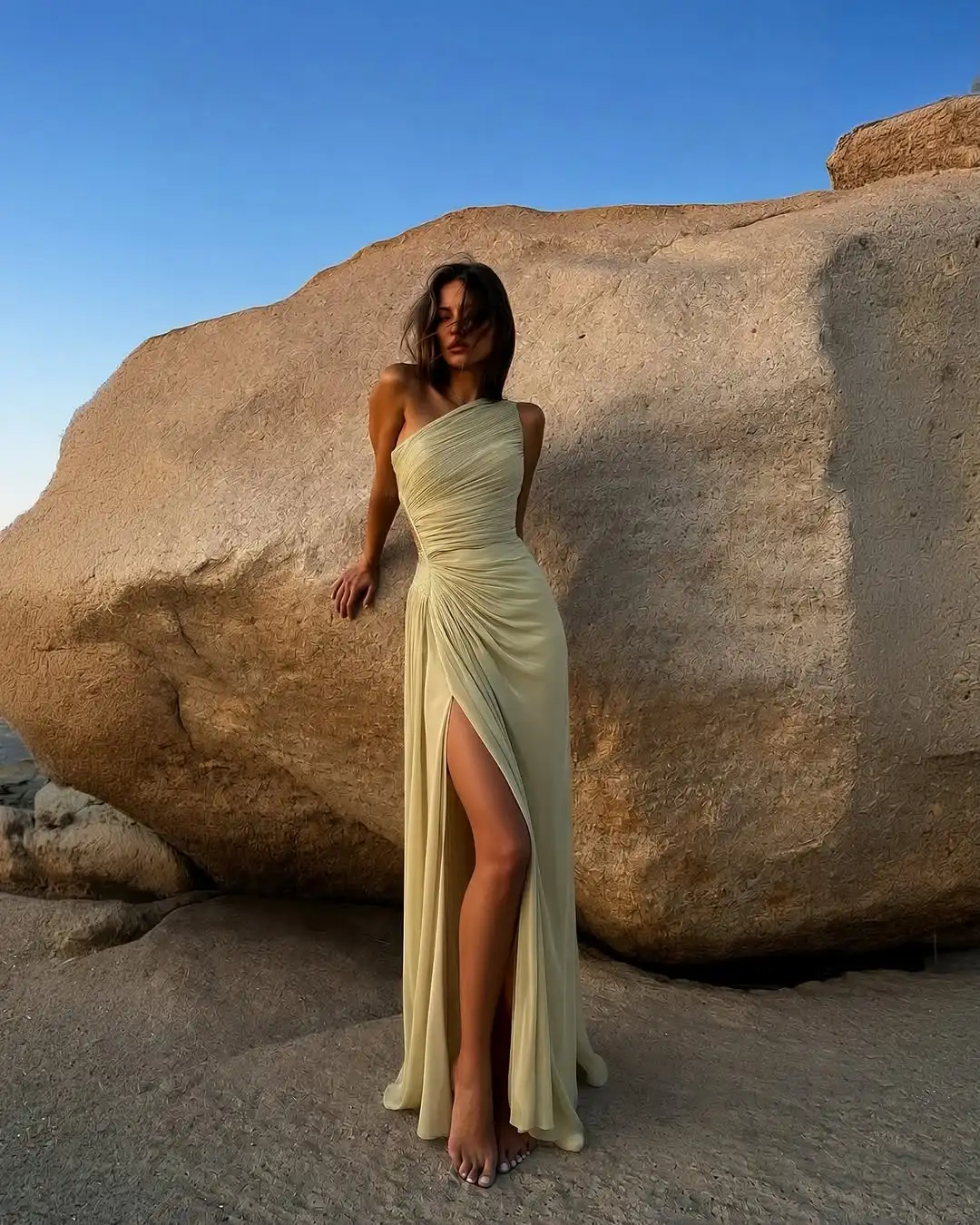 Sage Green One Shoulder Ruched Maxi Dress | High Slit Draped Formal Gown for Women | Lilis Elegant Evening Party Dress