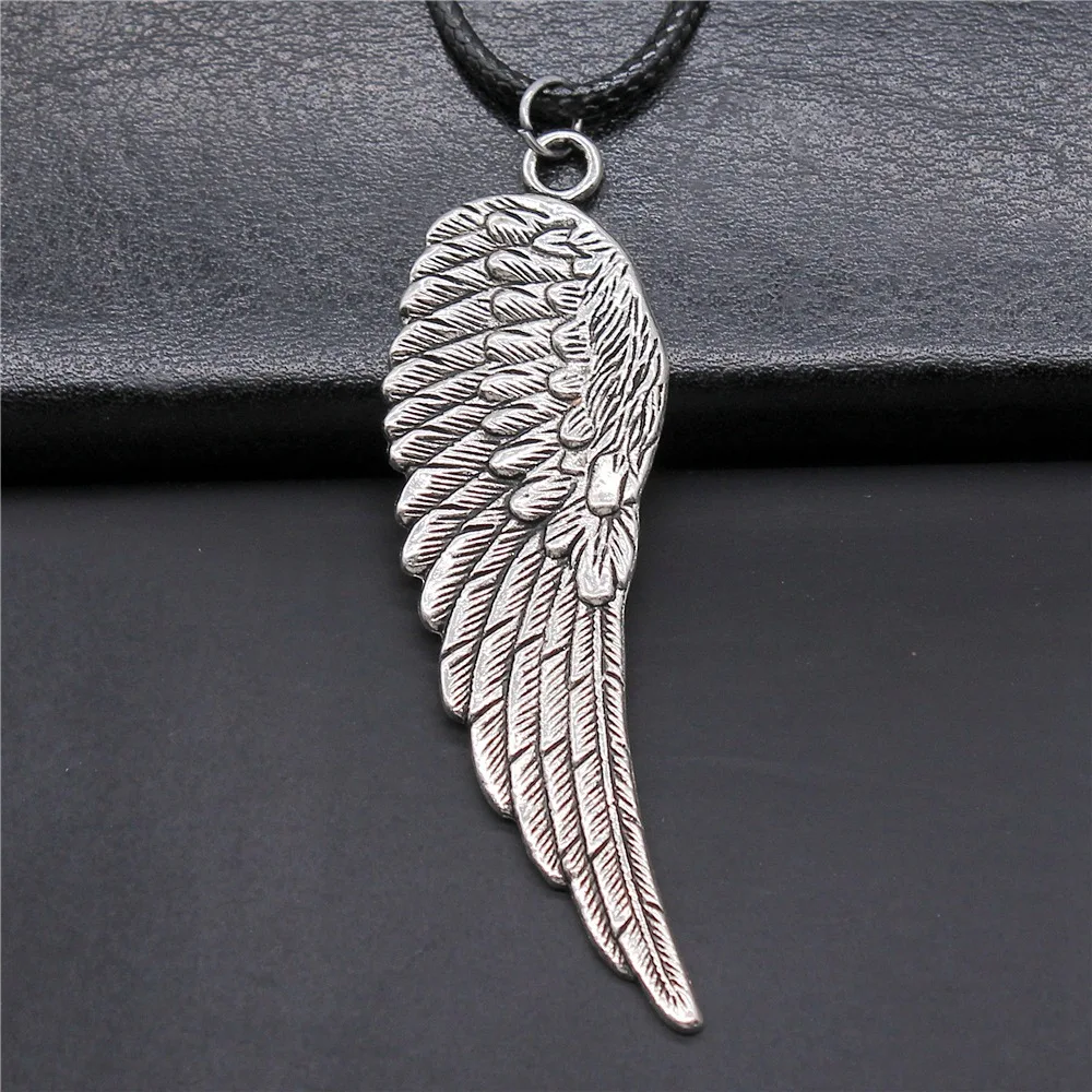 Unisex Retro Vintage Antique Silver Color 66x20mm Big Angel Wing Pendant Faux Black Leather Rope Chain Necklace