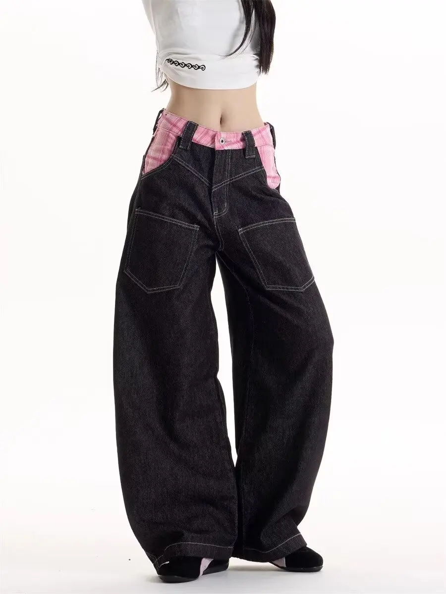 Jeans a quadretti rosa retrò americani alla moda Patchwork artistico Coltello curvo Design Moda Donna Pantaloni a gamba larga a vita alta