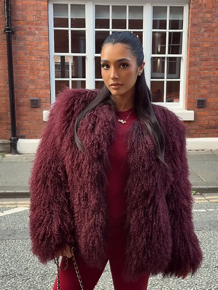 Elegant Lady Burgundy Fluffy Faux Fur Coat Fashion Lapel Long Sleeve Short Cardigan Jackets Autumn Winter Chic Lady Warm Outwear