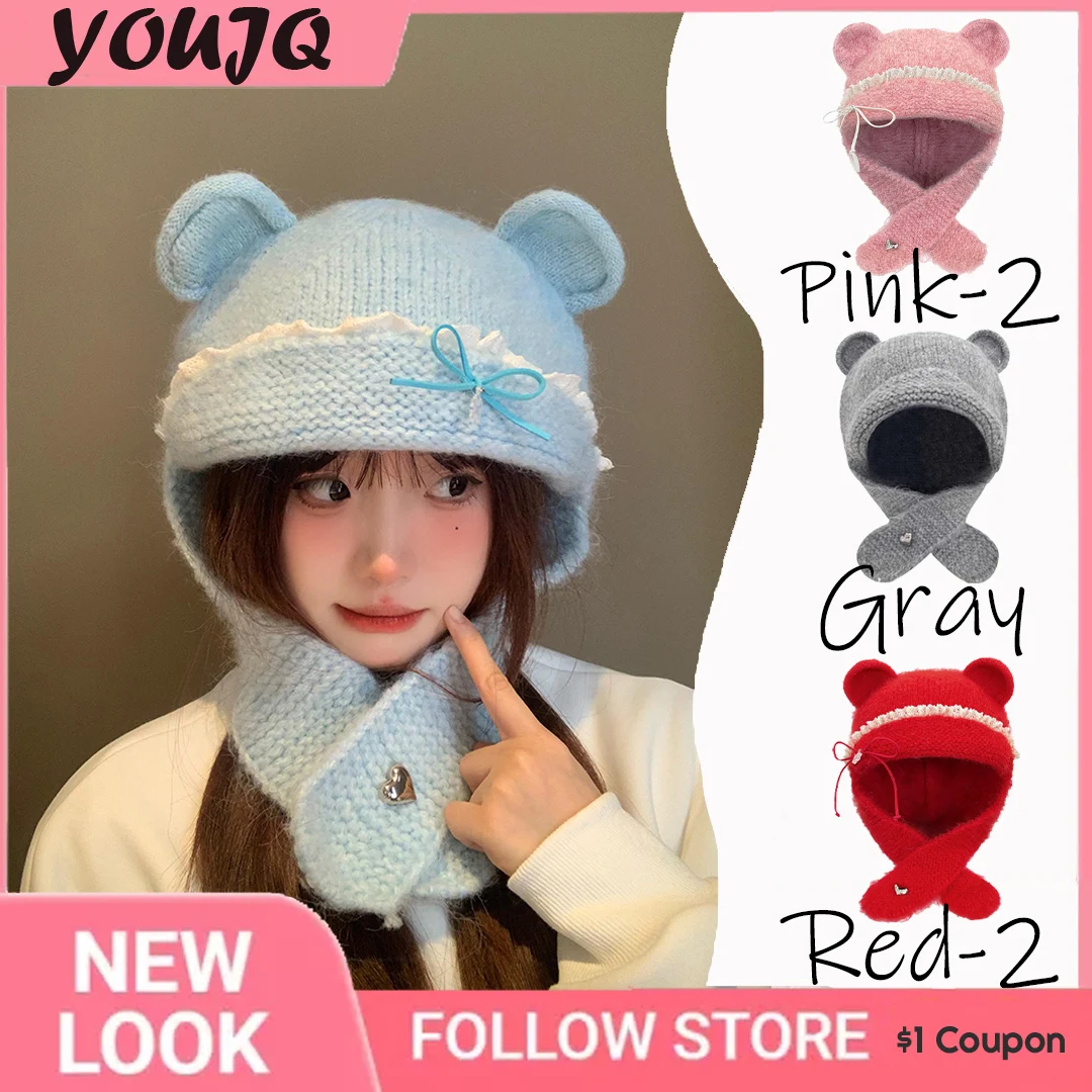 Cute Bear Ear Bow Knitted Hat Autumn Winter Warm Lace-Up Ear Protection Cap Outdoor Women's Bomber Cap Bonnets New Year Gift